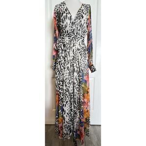 Designer V Neck Boho Gipsy MAXI DRESS Long Sleeve Semi Sheer Beach Party NEW M